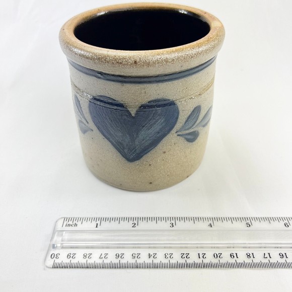 Vintage Rowe Pottery Works Heart Blue Salt Glaze Utensil Crock 1988 Pot Holder - Picture 12 of 13